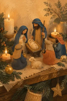 Candlelit Christmas Nativity on Rustic Mantel
