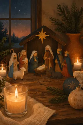 Candlelit Nativity on Rustic Wooden Table