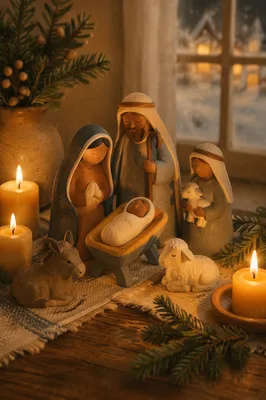 Candlelit Christmas Nativity on Rustic Table