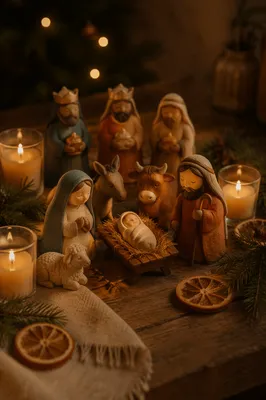 Nativity Candlelight on Rustic Christmas Table