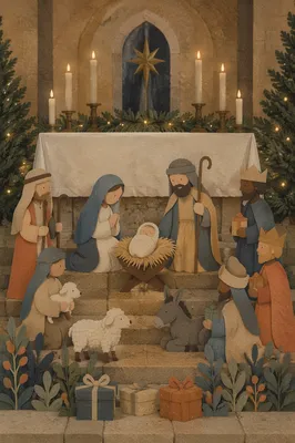 Candlelit Christmas Nativity Before Chapel Altar