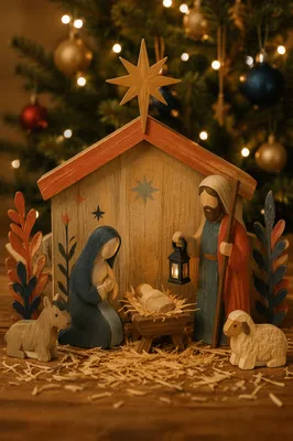 Wooden Nativity in Warm Christmas Candlelight