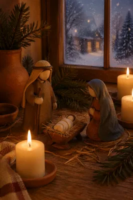 Candlelit Christmas Nativity on Rustic Table