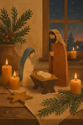 Candlelit Handmade Nativity on Rustic Table
