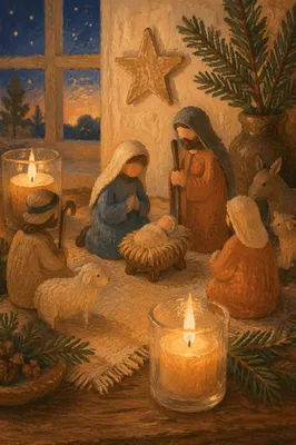 Candlelit Rustic Christmas Nativity Still Life