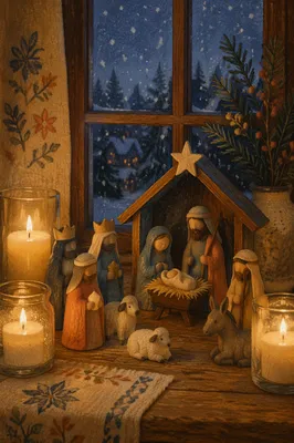 Candlelit Christmas Nativity on Rustic Windowsill
