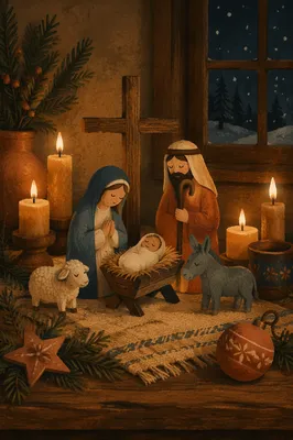 Candlelit Christmas Nativity on Rustic Table
