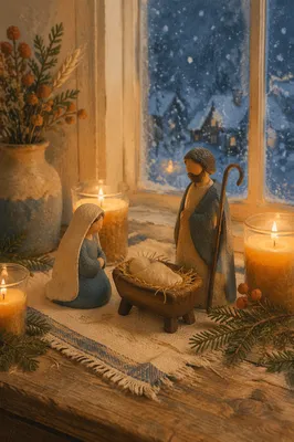 Candlelit Handmade Nativity by Winter Window