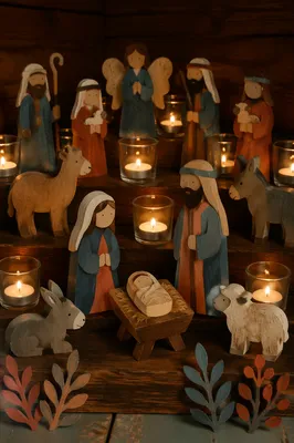 Wooden Nativity Scene with Candlelight