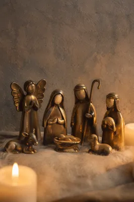 Candlelit Brass Nativity on Cream Felt