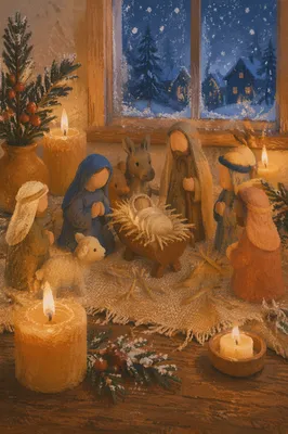 Candlelit Handmade Nativity at Christmas Twilight