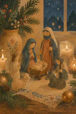 Candlelit Handmade Nativity on Rustic Table