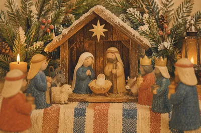 Candlelit Christmas Nativity in Wooden Stable