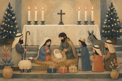 Candlelit Christmas Nativity in Quiet Chapel