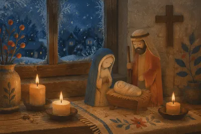 Candlelit Handmade Nativity by Winter Window