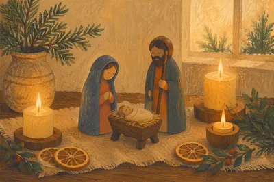 Candlelit Wooden Nativity with Evergreen Accents
