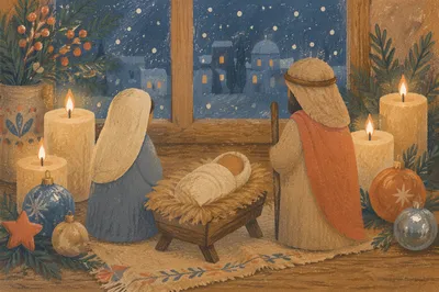 Candlelit Christmas Nativity by Frosted Window