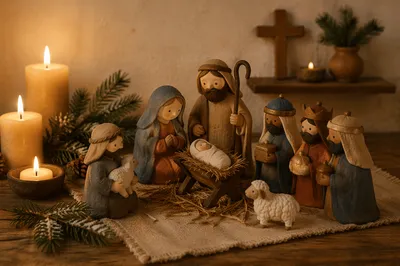 Candlelit Handmade Christmas Nativity Scene