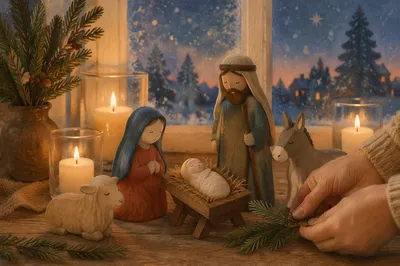 Candlelit Handmade Nativity by Winter Window