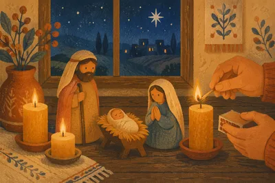 Candlelit Handmade Christmas Nativity at Dusk