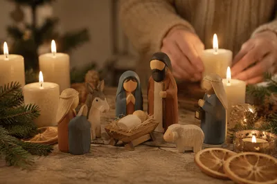 Candlelit Handcrafted Nativity on Christmas Eve