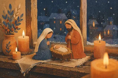 Candlelit Handmade Nativity at Winter Window