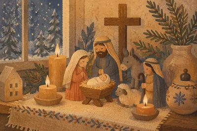 Candlelit Wooden Nativity by Frosted Window