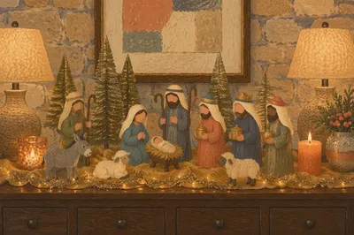 Christmas Nativity Candlelight on Rustic Sideboard