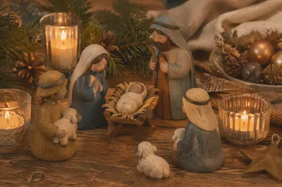 Candlelit Nativity on Rustic Wooden Table