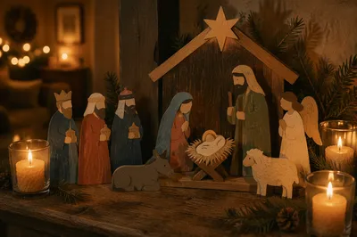 Candlelit Christmas Nativity on Rustic Mantel