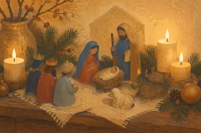 Candlelit Christmas Nativity on Rustic Mantel
