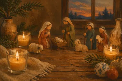 Candlelit Nativity on Rustic Wooden Table
