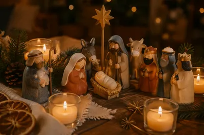 Candlelit Nativity on Rustic Christmas Table