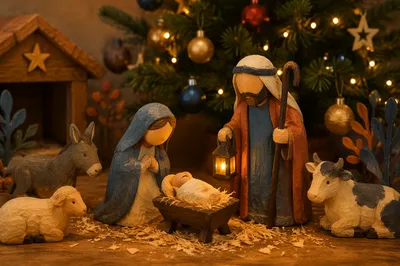 Wooden Nativity in Warm Christmas Candlelight