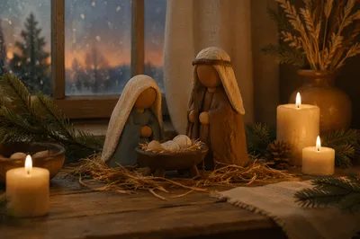 Candlelit Christmas Nativity on Rustic Table