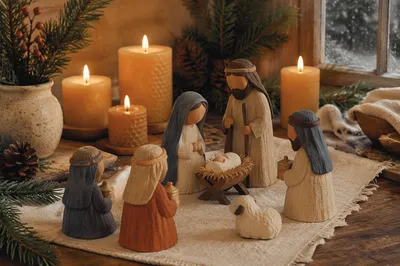 Candlelit Handmade Nativity on Rustic Table