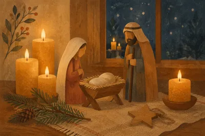 Candlelit Christmas Nativity on Rustic Table