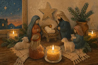 Candlelit Rustic Christmas Nativity Still Life