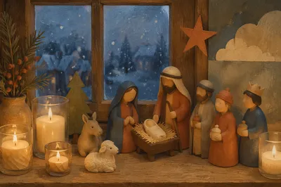 Candlelit Nativity on Winter Windowsill