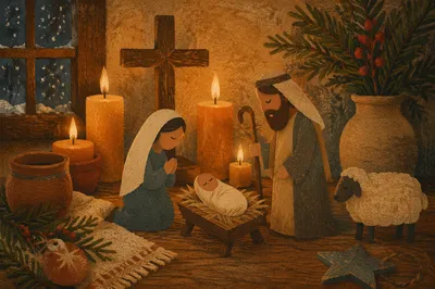 Candlelit Christmas Nativity on Rustic Table