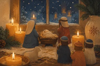 Candlelit Handmade Nativity by Frosted Window