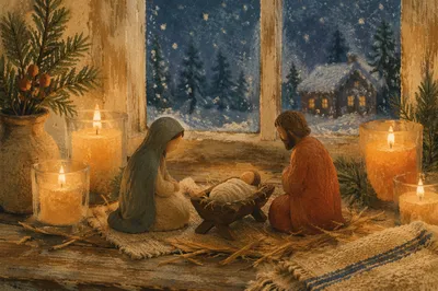 Candlelit Christmas Nativity by Frosted Window