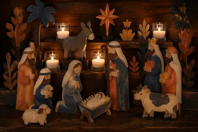 Wooden Nativity Scene with Candlelight