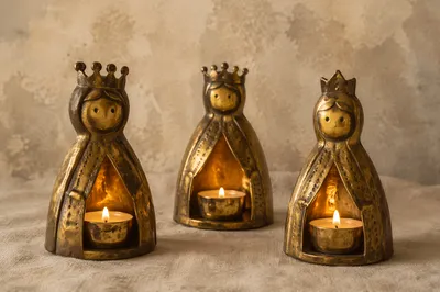 Candlelit Brass Nativity Figures on Linen