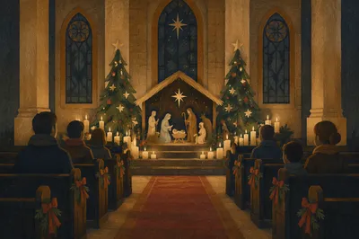 Candlelit Christmas Nativity in Stone Sanctuary