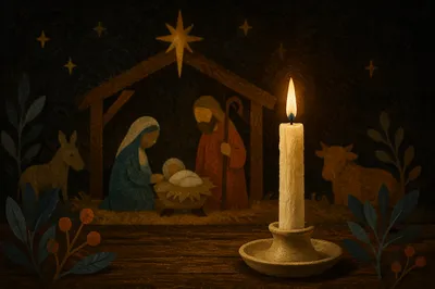 Christmas Nativity Candlelight on Rustic Table
