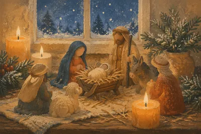 Candlelit Christmas Nativity on Rustic Table