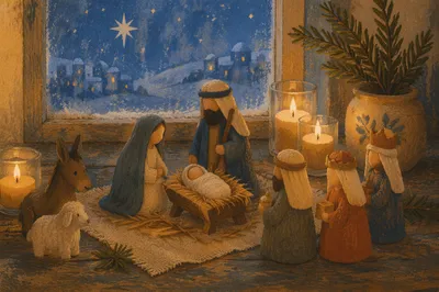Candlelit Handmade Nativity by Frosted Window