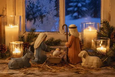 Candlelit Wooden Nativity on Christmas Eve