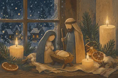Candlelit Handmade Nativity by Frosted Window